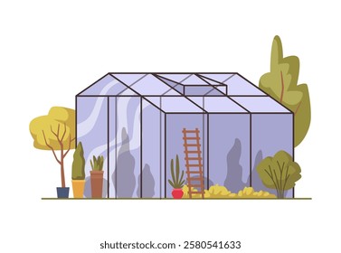 Growing vegetables and flowers. Vector flat greenhouse for growth of natural organic products. Florist orangery for flourishing and blooming plants. Potted flora and ladder for gardening