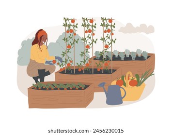 Growing vegetables isolated concept vector illustration. Home gardening for beginners, planting in ground, organic food, salad seeds, container garden, eat fresh food vector concept.