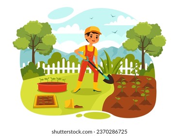 Vegetales en crecimiento Ilustración vectorial con cosecha, cultivo de diversos cultivos vegetales y ecológicos en un jardín de niños Diseño de fondo de dibujos animados