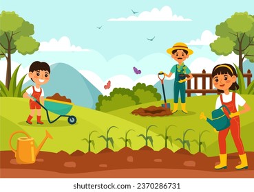 Growing Vegetables Vector Illustration with Harvest, Farming Various Vegetable and Organic Natural Crop at a Garden in Kids Cartoon Background Design