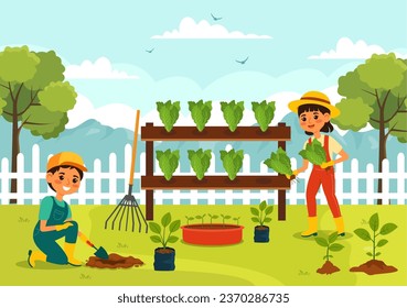 Growing Vegetables Vector Illustration with Harvest, Farming Various Vegetable and Organic Natural Crop at a Garden in Kids Cartoon Background Design