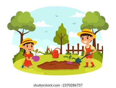 Growing Vegetables Vector Illustration with Harvest, Farming Various Vegetable and Organic Natural Crop at a Garden in Kids Cartoon Background Design