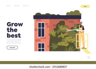 Growing vertical garden on building facade concept of landing page with gardener caring for plants on house wall outside. Eco friendly home. Cartoon flat vector illustration