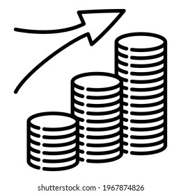 Growing welfare, increasing profits, financial success. Stacks of coins and arrow up. Vector icon, isolated, Outline.