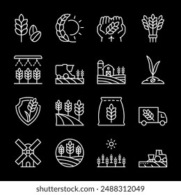 Growing wheat, white line icons. Cultivation of cereal plants in agricultural fields. Ideal for agriculture and agrarian business themes. Symbols on black background. Editable stroke.