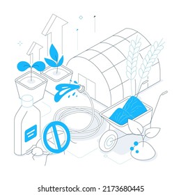 Growing your own food - colorful isometric line illustration. Composition with greenhouse, sprouts in pots, wheelbarrow with fertilizer, harvest and pesticides against insects. Agriculture idea