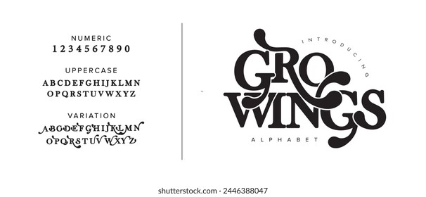 Growings elegant Font Uppercase Lowercase and Number. Classic Lettering Minimal Fashion Designs. Typography modern serif fonts regular decorative vintage concept. vector illustration