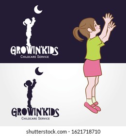 Growin'Kids Child Care Service Logo Template. A little girl on tiptoe trying to reach the moon. It symbolizes growth, trying to achieve goals, lightheartedness, catching dreams, childhood.