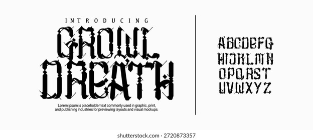Growl  Dreath font is Dark gothic metal display font with distorted strokes, perfect for horror themes, underground music, occult logos, and brutal artwork.