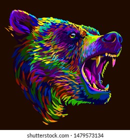 Growling Bear.  Abstract multi-colored portrait of a angry bear on a brown background.	
