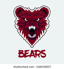 Growling bear head color sticker. Sport mascot patch. Ethnic animal totem with metallic effect. Metal, paper volumetric clipart. Bears calligraphy lettering and logo design. Isolated illustration