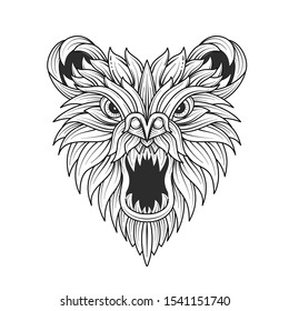 Growling bear head hand drawn vector linear illustration. Tribal animal outline drawing. Black and white mascot clipart. Wildlife ink pen ethnic totem. Coloring book isolated design element