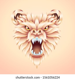 Growling bear metal head vector 3d color illustration. Roaring grizzly isolated volumetric clipart. Abstract tribal beast. Beige animal totem with gradient effect. Poster, logo design