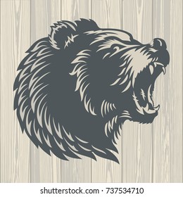 Growling Bear with an open mouth, on a wooden background, illustration, vector