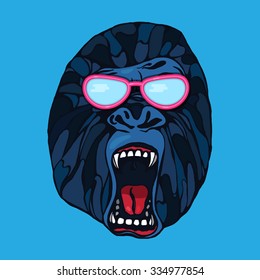 Growling detailed gorilla in cartoon style with glasses. Design for t-shirt, poster, bag. Vector