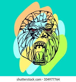 Growling detailed gorilla with color spots. Design for t-shirt, poster, bag. Vector