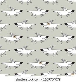 Growling Dog Background for Kids. Vector Seamless Pattern with doodle Angry Bullterrier. Bull terrier Dogs 