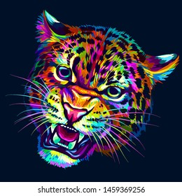 Growling leopard. Abstract, multicolored portrait of a snarling neon leopard on a dark blue background.