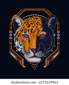 Growling leopard. Multicolored portrait of a snarling neon leopard on a dark background