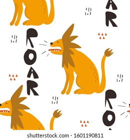 Growling lions, hand drawn backdrop. Colorful seamless pattern with animals. Decorative cute wallpaper, good for printing. Overlapping background vector. Design illustration