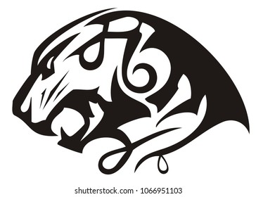 Growling tiger head linear icon. Angry laconic tiger head symbol with an open jaw. Black and white