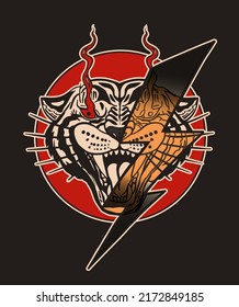 Growling tiger with lightning retro print for t-shirt, tattoo