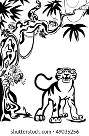 Growling tiger under a blossoming tree.