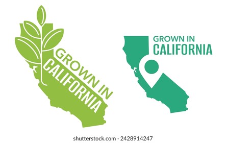 Grown in California state of US. Eco-friendly label for packaging of local farming products - isolated vector sticker in state shape