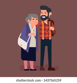 Grown up grandchildren concept illustration with grandmother and her adult grandson standing together. Vector graphics on elderly or senior care volunteer with old lady