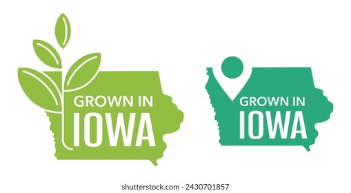 Grown in Iowa state of US. Eco-friendly label for packaging of local farming products - isolated vector sticker in state shape
