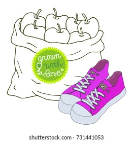 Grown with love. Locally grown sketch with fresh apples, bag and sneakers. Hand drawn artistic vector illustration.