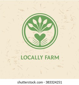 Grown with love. Logo for locally farm. Vector template logo. Farm products. Growing plants and seedlings. Planted in the ground sprouts,care of plants. 