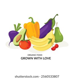 Grown with love. Vector hand drawn illustration with fresh organic food. Vegetables and fruits.