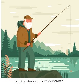 Grown man fishing in summer day on river in countryside. Elderly man fishing. Flat vector illustration