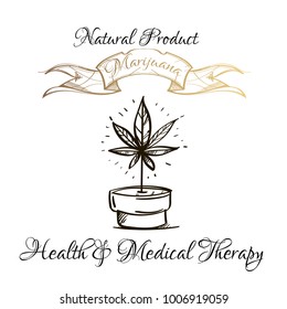 Grown marijuana leaf in a pot. A poster with a plant.
