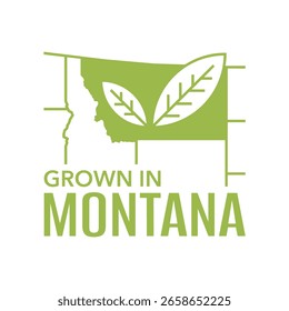 Produto cultivado em Montana com rótulo ecológico para embalagens de produtos agrícolas locais - adesivo de vetor isolado em forma de estado