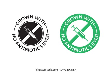 Grown with no antibiotics food label stamp, no hormones chicken and beef or pork meat vector logo. Natural healthy farm grown antibiotics free products certificate with syringe icon
