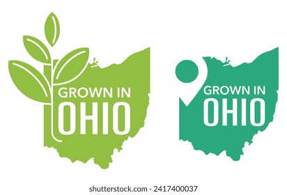 Grown in Ohio state of US. Eco-friendly label for packaging of local farming products - isolated vector sticker in state shape