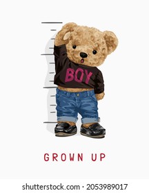 grown up slogan with bear doll standing on height measurement background vector illustration