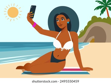 Grown up tanned girl take selfie on background of sea landscape. Vector cartoon illustration of woman taking self photo on phone camera on ocean beach. Logo, icon, sign, sticker, postcard, pictogram