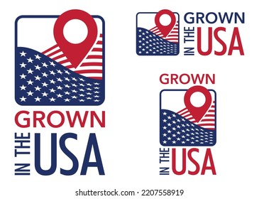 Grown in the USA square sticker for farming labeling - pointing to country of origin. Fields with American flag