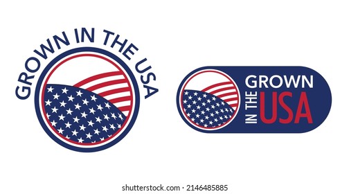 Grown in the USA sticker for farming labeling - pointing to country of origin. Fields with Amerian flag