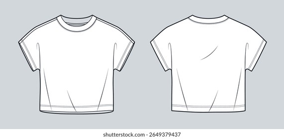 Grown-On Sleeve T-Shirt technical fashion illustration. Cropped Tee Shirt fashion flat technical drawing template, front and back view, white, loose fit, crew neck, women, men, unisex Top CAD mockup.