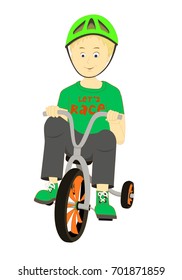 Too grown-up boy on too little bike on white background