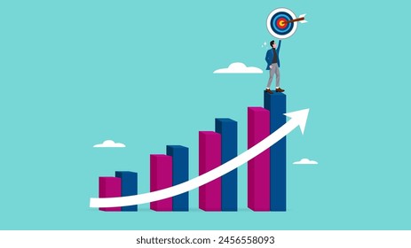 growth to achieve goals or career success, business growth on target concept, success step to reach goal, businessman standing on top of business growth chart while carrying dart boards