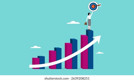 growth to achieve goals or career success, business growth on target concept, success step to reach goal, businesswoman standing on top of business growth chart while carrying dart boards