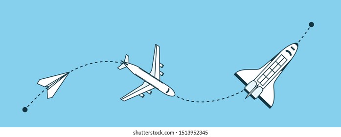 Growth, advancement, improvement design concept. Pathway towards goal - paper airplane, passenger airplane and shuttle symbols. Startup development concept. Vector illustration on blue background