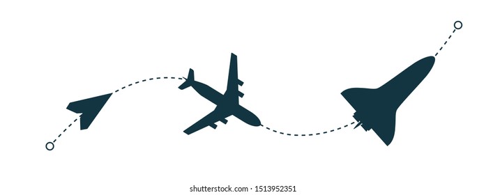 Growth, advancement, improvement design concept. Pathway towards goal - paper airplane, passenger airplane and space shuttle symbols. Startup development concept. Vector illustration