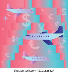 The growth of the aircraft business in all countries with different currencies. Dollar, euro, yen with flying passengers and pilots. For the design of social media banners or other infographics