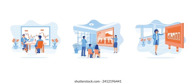 Growth Analysis concept. Analyze financial management with graphs. Female manager holding meeting with a team of economists. The director analyzes sales graph growth. 